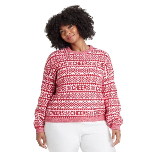 A New Day Sweaters - A New Day Fair Isle Cheers Red & White Christmas Womans Sweater - Size XXL